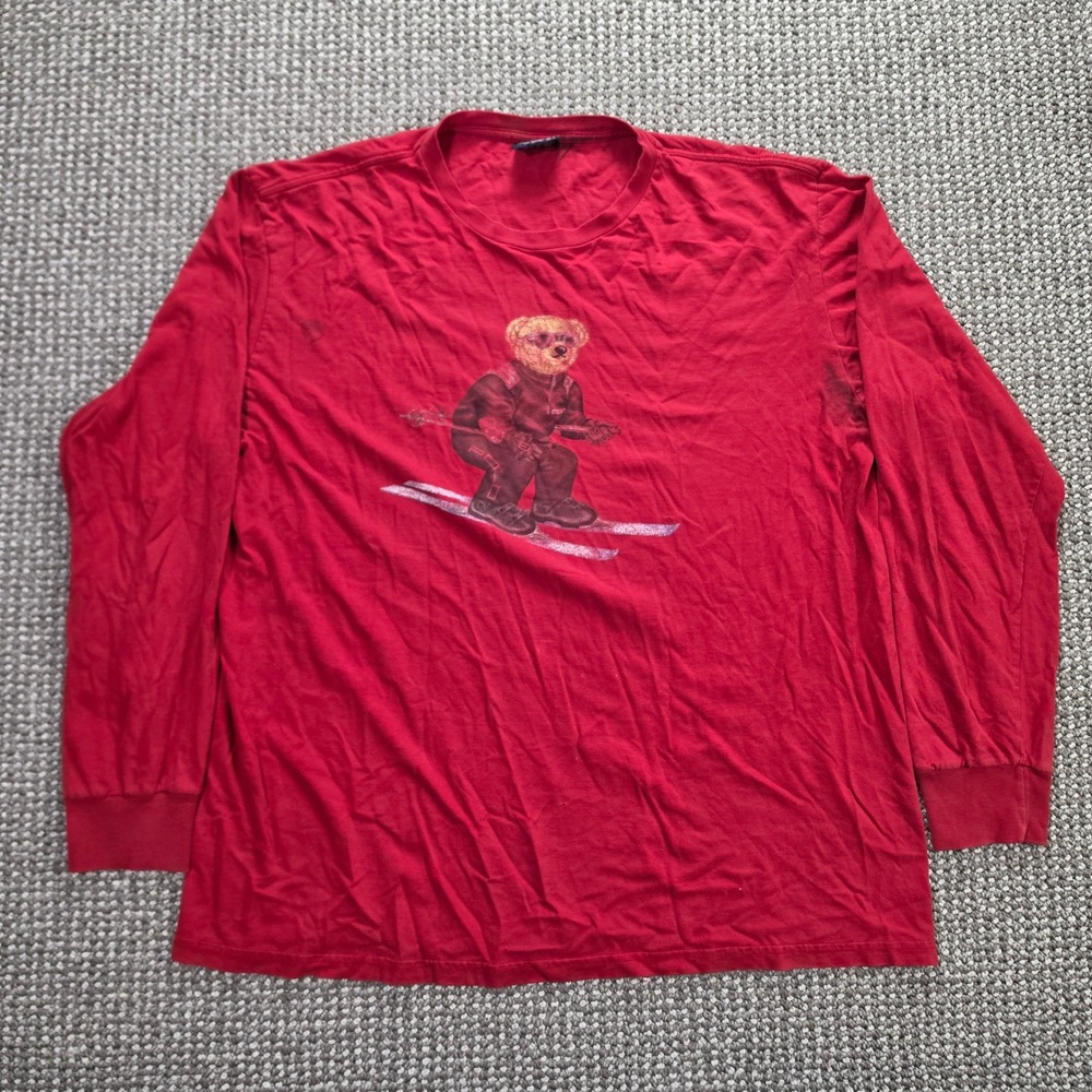 Vintage Polo Ralph Lauren Shirt Mens L Polo Bear Ski Graphic Long Sleeve Red Y2k